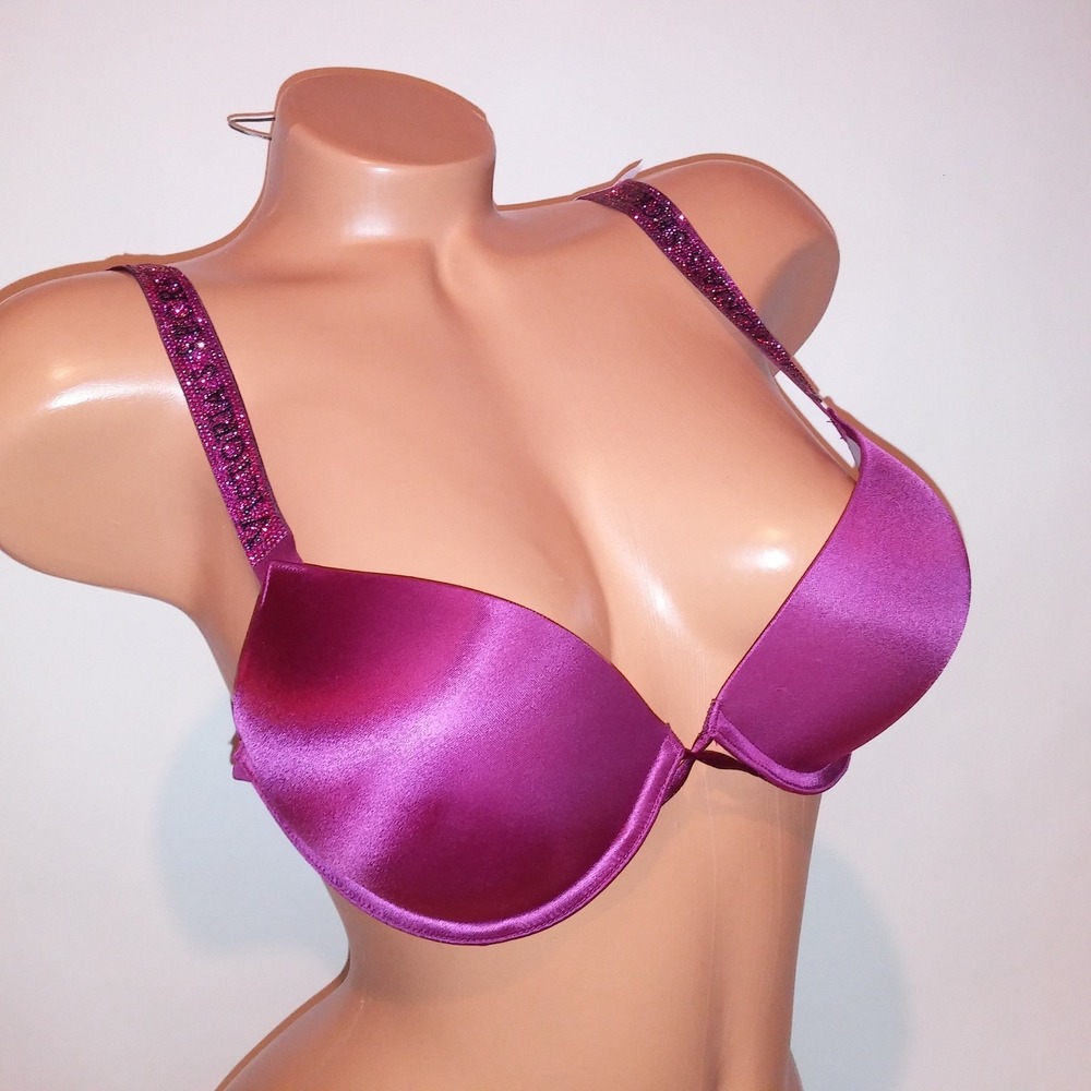 Victoria Secret Bra 36B Bombshell Plunge Berry Fuchsia Shine Strap Adds 2 Cups